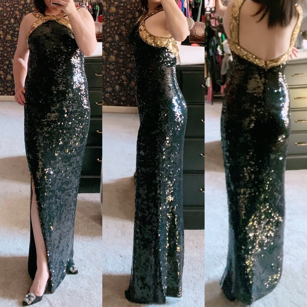 A.J. Bari Black Gold Sequin Gown Dress Beaded Halter Evening Formal Maxi Slit 10